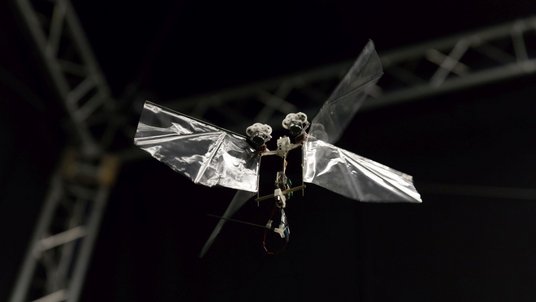 Kleines fliegendes Metallgestell mit Flügeln aus Plastikfolie an den Seiten