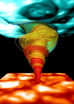 Darstellung der Sonnenoberfläche, über der ein Tornado, bestehend aus vielen Wirbeln, tobt.