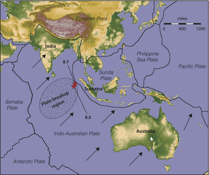 Bruchstelle der Indo-Australischen Platte Landkarte, die Australien und Teile von Asien zeigt. Die Bruchstelle der Indo-Australischen Platte liegt westlich von Sumatra.