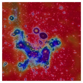 Das Bild zeigt einen roten Hintergrund, in dem viele Punkte verteilt sind, die ähnlich wie Luftblasen im Wasser dargestellt sind. Um sie herum liegt ein blauer Bereich. Im Zentrum des Bildes verbinden sich diese blauen Bereiche in der Umgebung von Objekten zu einer blauen wolkenartigen Struktur. 