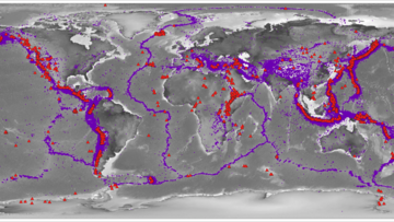 Weltkartenausschnitt: Über die Erde verteilt sind in bestimmten Zonen lilafarbene Punkte und rote Dreiecke eingetragen, besonders viele rings um den Pazifik. 
