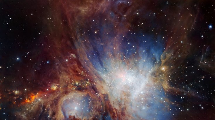 Orionnebel, Bildquelle: H.Drass et al./ESO; Lizenz: gemäß den Bedingungen der Quelle Nebelartige Struktur von dunklem Himmel mit hellen, leuchtenden Regionen.