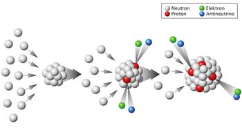 Grafikaus aus drei Bildern: Als weiße Kugeln dargestellt Neutronen aus einer Richtung ballen sich zusammen und bewegen sich als Ganzes nach rechts; Neutronen – rote Kugeln – haben sich im Gemenge gebildet, die Elektronen – grüne Kugeln – und Antineutrinos – blaue Kugeln – abgeben; der Prozess wiederholt sich