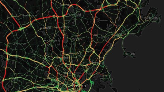 Verkehrsaufkommen während der morgendlichen Stoßzeit in Boston, ermittelt über Bewegungsprofile von Mobiltelefonen