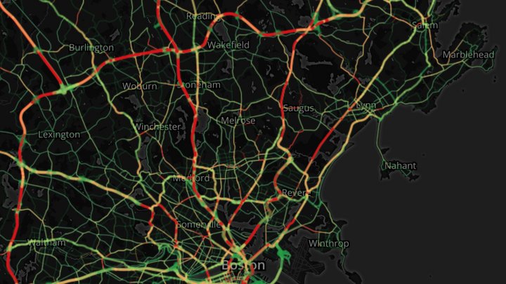 Verkehrsaufkommen während der morgendlichen Stoßzeit in Boston, ermittelt über Bewegungsprofile von Mobiltelefonen