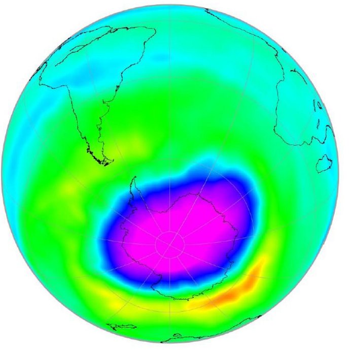 Ozonloch über dem Südpol Grafik der Erdkugel mit Fokus auf die südliche Hemisphäre. Ein Großteil der Südhalbkugel ist grün und gelb eingefärbt, was auf ene normale Konzentration von Ozon in der Stratosphäre hinweist. Direkt über der Antarktis ist ein großer, bläulich-violetter Fleck zu sehen, das Ozonloch.