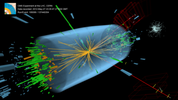 Simulation eines Zerfalls des Higgs-Teilchens im CMS-Detektor; Quelle: CERN