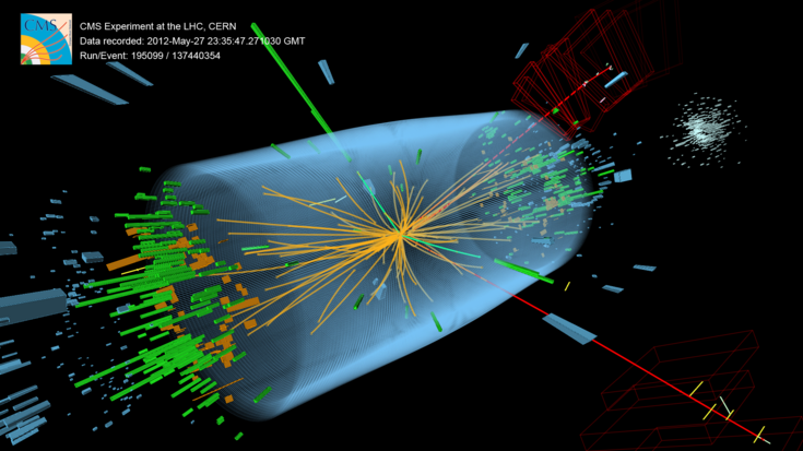 Simulation eines Zerfalls des Higgs-Teilchens im CMS-Detektor; Quelle: CERN
