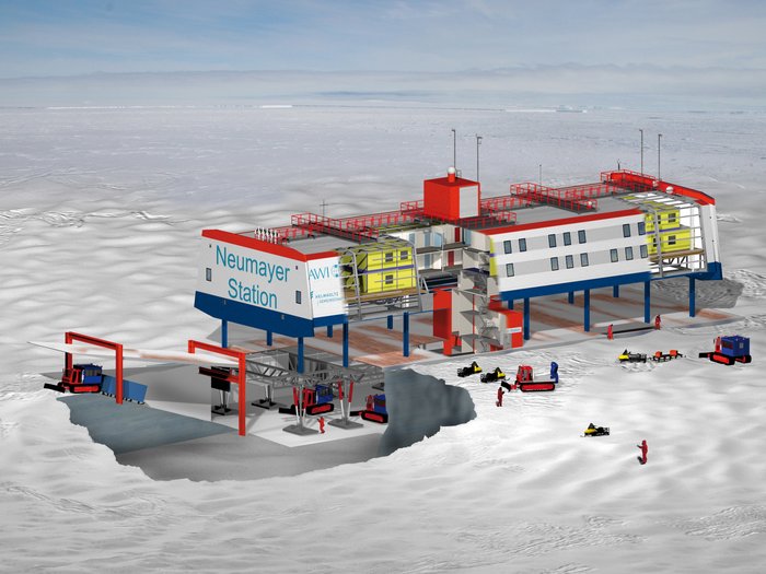 Infografik. Darstellung der Neumayer-Station im Schnittbild. Erkennbar ist unter anderem die Garage mit dem Fuhrpark unter dem eigentlichen Forschungsbau.