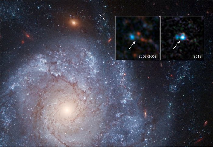 Supernova 2012Z Große Spiralgalaxie, ein Kreis markiert eine Position im Außenbereich. Zwei kleine eingesetzte Bilder: im linken, beschriftet 2005-2006, ist ein schwach erkennbarer Stern markiert, im rechten, beschriftet 2013, ein helles Objekt an gleicher Stelle.