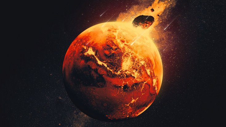 Künstlerische Darstellungen eines Meteoriteneinschlags auf dem Mars | Bildquelle: Vadim Sadovski / Imperial College London Ein Feuerball schlägt auf einem brennenden Planeten ein