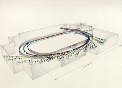 Schemazeichnung, auf der ein ovaler Teilchenbeschleuniger zu sehen ist, von dem tangential verschiedene Rohre mit technischen Komponenten wegführen.