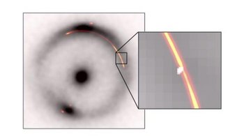 Zweiteilige Grafik: In der Mitte befindet sich ein dunkler, kreisrunder Bereich, der ein Schwarzes Loch darstellt. Um dieses Zentrum herum ist ein grauer, wolkenartiger Ring zu sehen, der aus heißem Gas besteht. An mehreren Stellen des Rings leuchten helle, orange-gelbe Bögen, die wie gebogene Lichtstreifen aussehen.

Auf der rechten Seite ist ein vergrößerter Ausschnitt des Rings dargestellt. Dieser zeigt einen schmalen, stark gekrümmten Lichtbogen in Gelb- und Orangetönen. Direkt daneben ist ein kleiner, heller weißer Punkt sichtbar. Der vergrößerte Ausschnitt verdeutlicht, dass das Licht durch die starke Gravitation des Schwarzen Lochs gebogen wird (Gravitationslinseneffekt).