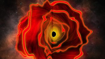 Ein schwarzer Punkt in der Mitte, um das sich mehrere rote Wellen ausbreiten
