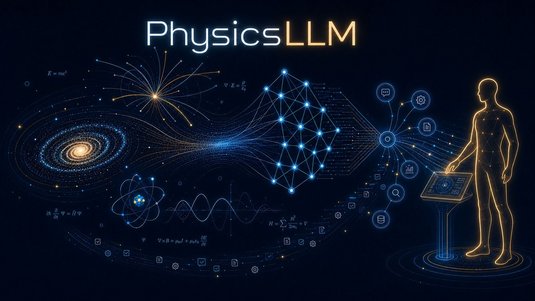 Diese Illustration symbolisiert das PhysicsLLM-Projekt, das Astrophysik, Teilchenphysik und moderne Sprachmodelle (LLMs) verbindet.