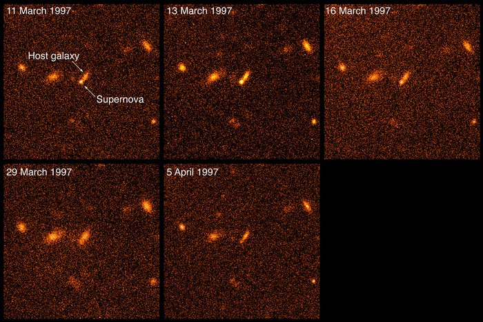 Supernova in sechs Milliarden Lichtjahren Entfernung Fünf Bilder desselben Himmelsausschnitts, die mit einem Aufnahmedatum versehen sind; auf dem Bild einige ovale Flecken, am Rand des einen wird ein punktförmiges Objekt im Laufe der Bilder zunächst heller, dann wieder schwächer.