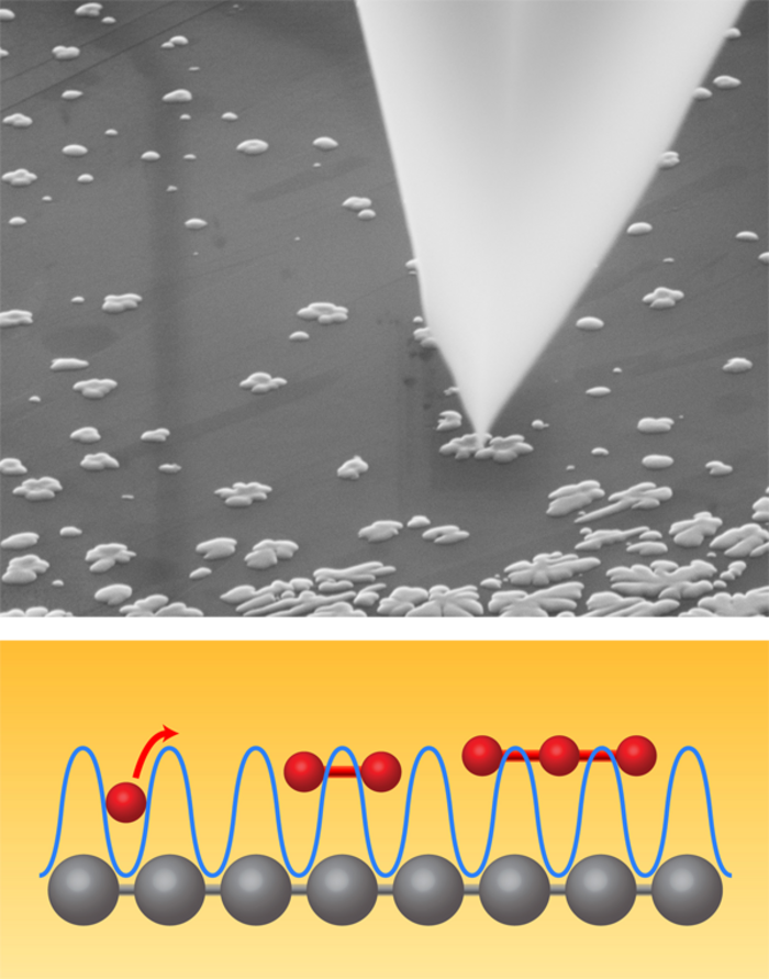 Oberes Bild: eine Graphitoberfläche, darauf gesprenkelt Antimon-Nanoteilchen als helle Flecken. Darüber die helle, dreieckige Spitze des Rasterkraftmikroskops, die eines der Nanoteilchen berührt. Unteres Bild: Eine Kette von Atomen stellt die untere Grenzfläche dar. Darüber die Kurve der Lageenergie mit ihren Bergen und Tälern, sowie Ketten aus ein, zwei und drei Atomen, die für die obere Grenzfläche stehen. Je länger die Atomketten, desto weniger dringen sie in die Energietäler ein.