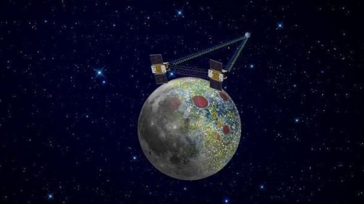 Illustration der GRAIL-Raumsonden, die das Schwerefeld des Monds vermessen | Bildquelle: NASA/JPL-Caltech Himmelskörper mit zwei Raumsonden