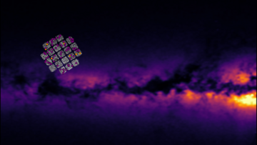Weltraumaufnahme: wolkenartiges Gebilde zieht sich über das Bild und überdeckt rechts eine Lichtquelle; links in wabenartiger Struktur weitere gepunktete Bilder