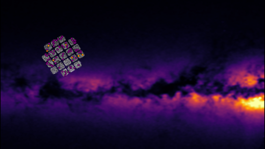 Weltraumaufnahme: wolkenartiges Gebilde zieht sich über das Bild und überdeckt rechts eine Lichtquelle; links in wabenartiger Struktur weitere gepunktete Bilder