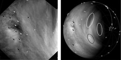 Rechts die Venus, links ein Teilausschnitt, Strukturen sind mit Ovalen und Pfeilen markiert.