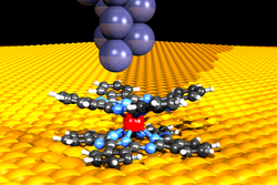 Grafik, die eine gelbe Schicht zeigt, auf der eine Molekülverbindung liegt. Das Neodymatom im Molekül ist als rote Kugel gekennzeichnet. Über dem Molekül ist die Spitze des Mikroskops als Ansammlung von wenigen, kreisrunden Atomen zu sehen.