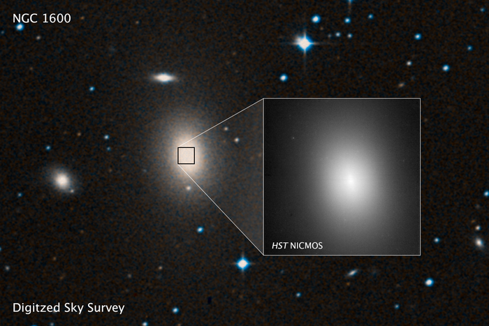 Die Galaxie NGC 1600 Große elliptische Galaxie, mit vergrößerter Hubble-Aufnahme des Zentralbereichs.