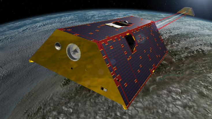 Das Bild zeigt zwei Satelliten und im Hintergrund die Erde. Die Abstandsmessung zwischen den beiden Satelliten ist mit Linien angedeutet.