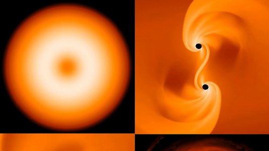 Vier Bilder: links oben Stern mit zentraler Massenkonzentration, rechts oben zwei schwarze Punkte mit spiralförmiger Materieverdichtung, links unten verschmelzen die schwarzen Punkte, rechts unten nur noch ein schwarzer Punkt mit umgebender Materiescheib