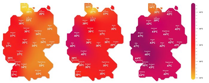 Drei Deutschlandkarten nebeneinander: In der Mitte zeigt Temperaturen überwiegend im mittleren 30er-Grad-Bereich; links davon eine Karte mit Temperaturen, die drei bis fünf Grad Celsius niedriger sind; ganz rechts eine Karte mit Temperaturen deutlich über 40 Grad Celsius.