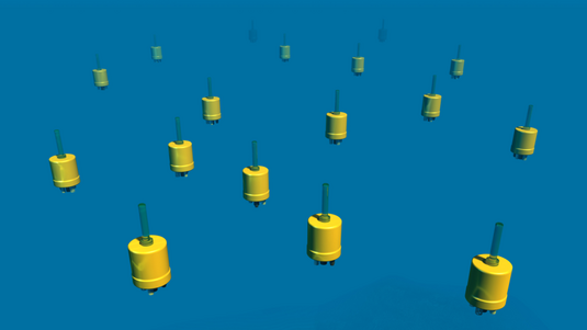 Grafik, die unter dem Meeresspiegel viele kleine, zylinderförmige Roboter zeigt