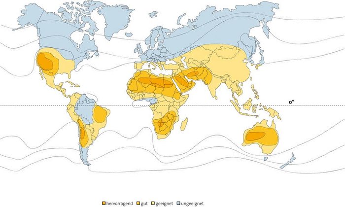 Weltkarte mit unterschiedlich eingefärbten Flächen der Landmassen, je nach Eignung für Standorte solarthermischer Kraftwerke. In der Nähe des 23. Breitengrade Nord und Süd ist besonders gut geeignet.