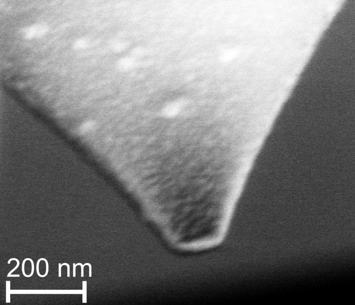 Ein dreieckiges Objekt mit einer abgestumpften Ecke, die nach unten zeigt. Außerdem eine Skala, die für etwa ein Fünftel der Bildbreite eine Länge von 200 Nanometern anzeigt.