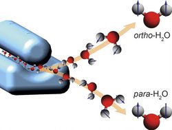 Wassermoleküle in zwei Strahlen, Pfeile durch die Wasseratome zeigen die Spinrichtung an.
