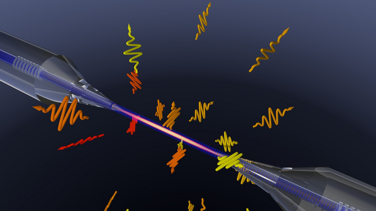 Illustration eines sehr dünnen Drahts an einer größeren Aufhängung, von dem Strahlungspakete verschiedener Wellenlängen ausgehen.