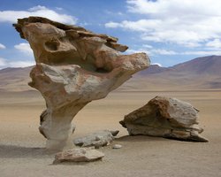Foto. Bizarr geformte Steine, die in einer Wüste stehen.