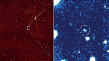 Im linken Bild zahlreiche punktförmige Objekte, von denen eines mit einem Quadrat markiert ist, im rechten Bild mehrere Sterne, sowie ein mit einem Kreis markiertes verwaschenes Objekt. 