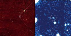 Im linken Bild zahlreiche punktförmige Objekte, von denen eines mit einem Quadrat markiert ist, im rechten Bild mehrere Sterne, sowie ein mit einem Kreis markiertes verwaschenes Objekt.