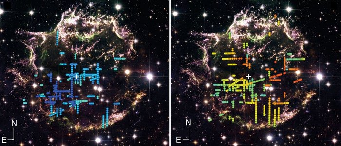 Zwei Aufnahmen von Cassiopeia A, überlagert mit farblich kodierten Messpunkten.