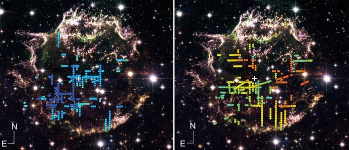 Blasenstruktur von Cassiopeia A Zwei Aufnahmen von Cassiopeia A, überlagert mit farblich kodierten Messpunkten.