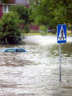 Foto. Fluss bei Hochwasser. Im Vordergrund Verkehrszeichen im Wasser stehend, im Hintergrund ein abgesoffenes Auto..