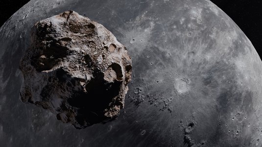 Ein großer Steinbrocken im All vor dem Mond, dessen Oberfläche im Hintergrund zu sehen ist