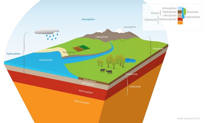 Grafische Schnittdarstellung des Erdsystems: Im Vordergrund ein dreidimensionaler Ausschnitt der Erde. Oben eine Landschaft mit Fluss, Feldern, Wiesen, Bäumen, zwei weidenden Rindern und einem Berg mit Schnee; darüber Himmel mit einer Wolke und Regen. Die Sphären und Schichten sind beschriftet: Atmosphäre über der Landschaft; Hydrosphäre mit Meer und Fluss; Biosphäre als belebter Bereich von Pflanzen und Tieren; Pedosphäre als Bodenhülle unter Feldern und Wiesen; Lithosphäre als feste Gesteinsschicht unter der Erdkruste; darunter Asthenosphäre und Oberer Mantel als tiefe Erdschichten. Rechts und links sind „Erdkruste“ und „Erdmantel“ markiert. Eine Legende oben rechts ordnet die Farben den Sphären zu.