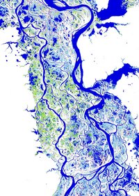 Satellitenaufnahme eines Flusslaufs, auf der die permanent vom Wasser bedeckten Flächen blau und die zeitweise bedeckten Flächen rosa dargestellt sind.