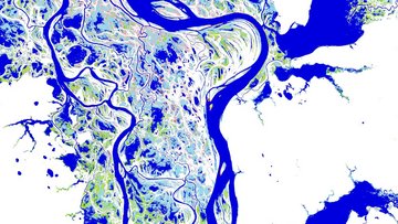 Satellitenaufnahme eines Flusslaufs, auf der die permanent vom Wasser bedeckten Flächen blau und die zeitweise bedeckten Flächen rosa dargestellt sind.