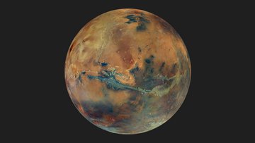 Der Mars als Globus vor dunklem Hintergrund. Die Oberfläche des Planeten hat gelbe, orangene, rote und bau-grüne Bereiche, die die unterschiedliche Zusammensetzung der Oberfläche repräsentieren. 