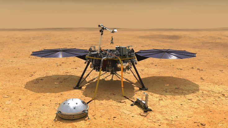 Künstlerische Darstellung einer Raumsonde auf einer wüstenartigen Marsoberfläche