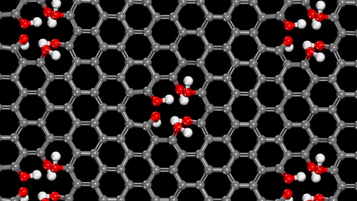 Computersimulation einer Graphenschicht mit Lücken im regelmäßigen Kohlenstoff-Gitter