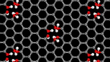 Computersimulation einer Graphenschicht mit Lücken im regelmäßigen Kohlenstoff-Gitter