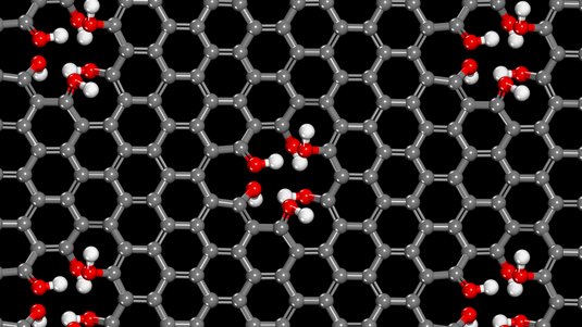 Computersimulation einer Graphenschicht mit Lücken im regelmäßigen Kohlenstoff-Gitter